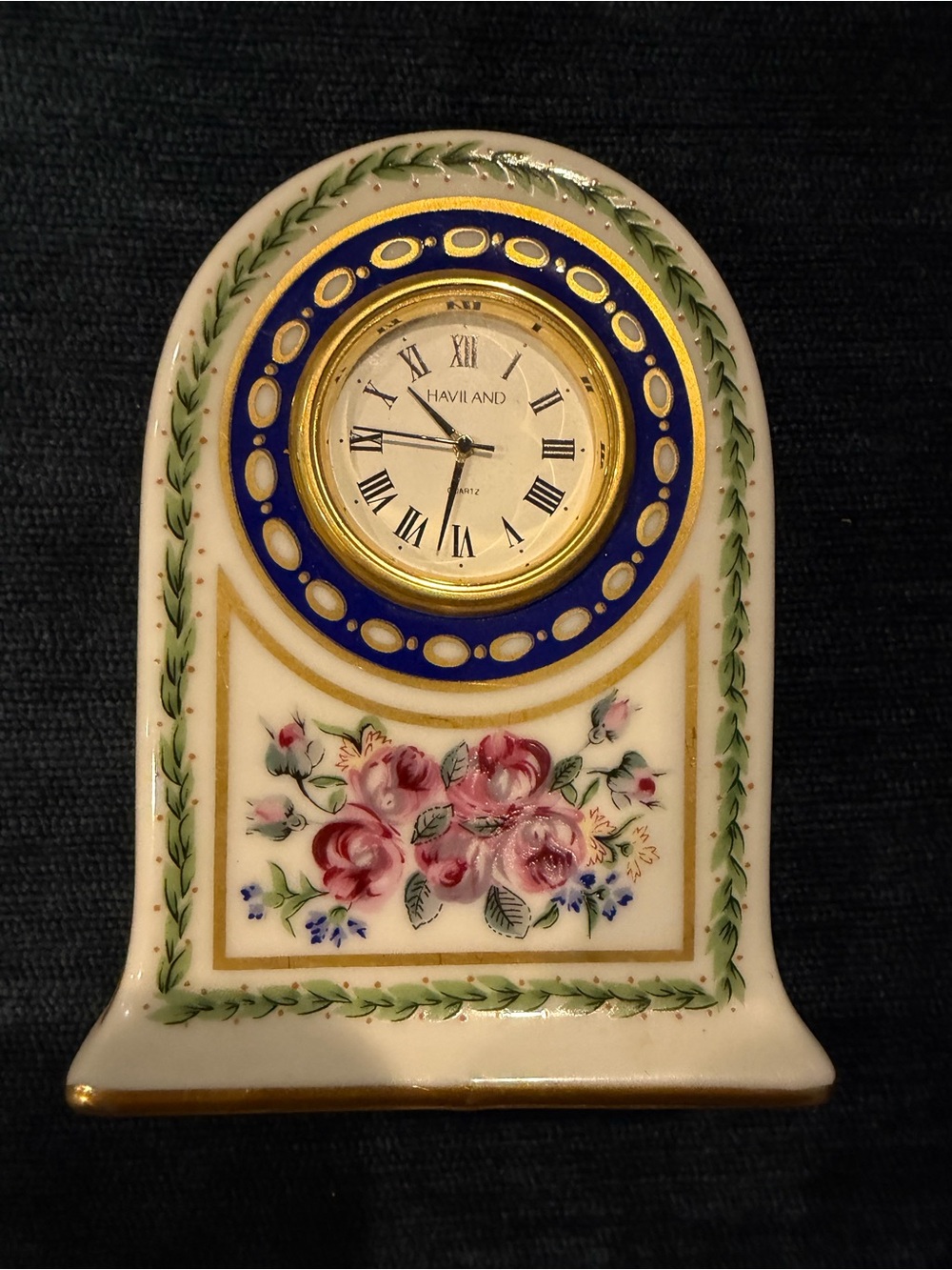 Haviland Limoges Floral Porcelain Desk Clock - Cream with Pink Roses Louvecienne